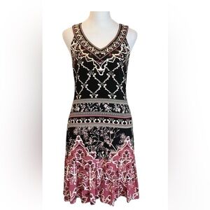 White House Black Market Embroidered V-Neck Flounce Hem Knit Sleeveles Dress XS